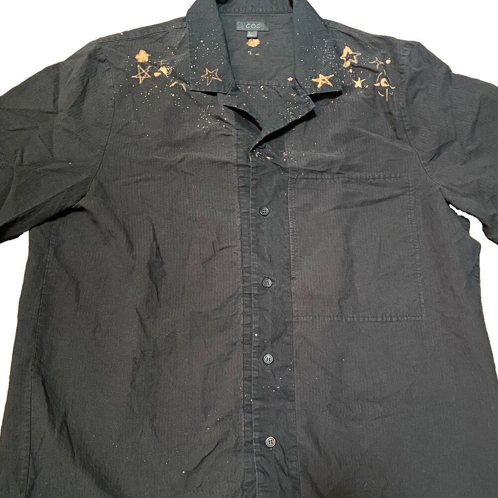 COS Cotton Linen Camp Shirt L Black Celestial Star Bleach Dye Cosmic Goth Artsy